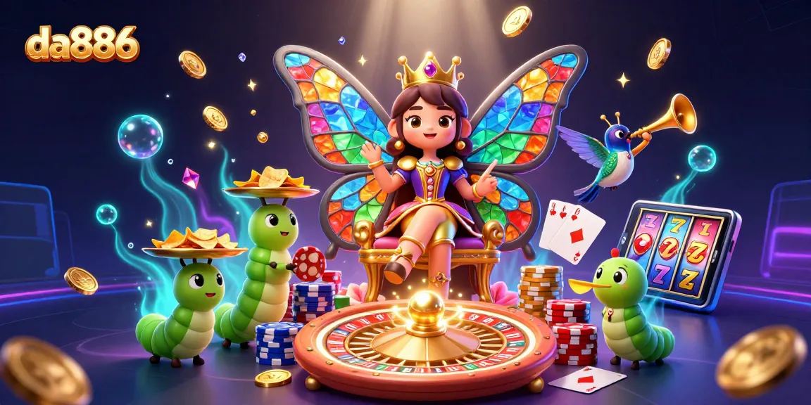 Experience thrilling gaming with da886 in this vibrant, detailed casino illustration featuring a magical butterfly and animated elements.