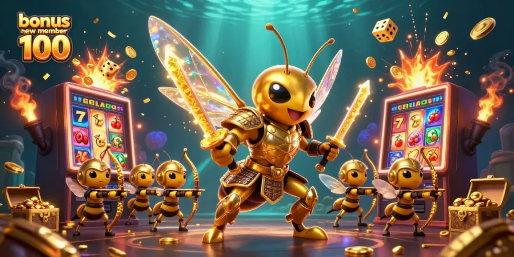 Experience thrilling casino excitement with bonus new member 100 alongside a giant hornet in samurai armor and dynamic gaming elements.
