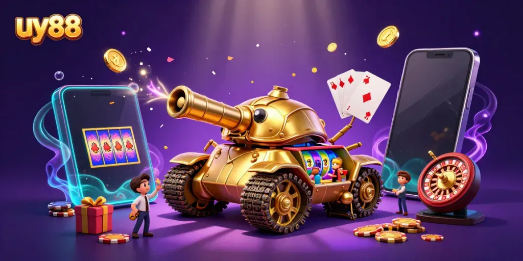 Experience the excitement of uy88 with a dynamic 3D digital casino scene featuring vibrant games and golden treasures.