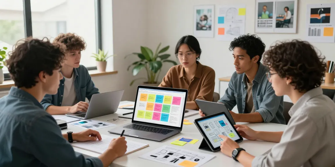 Diverse team collaborating on a mix board project in a creative workspace with digital devices and brainstorming materials.
