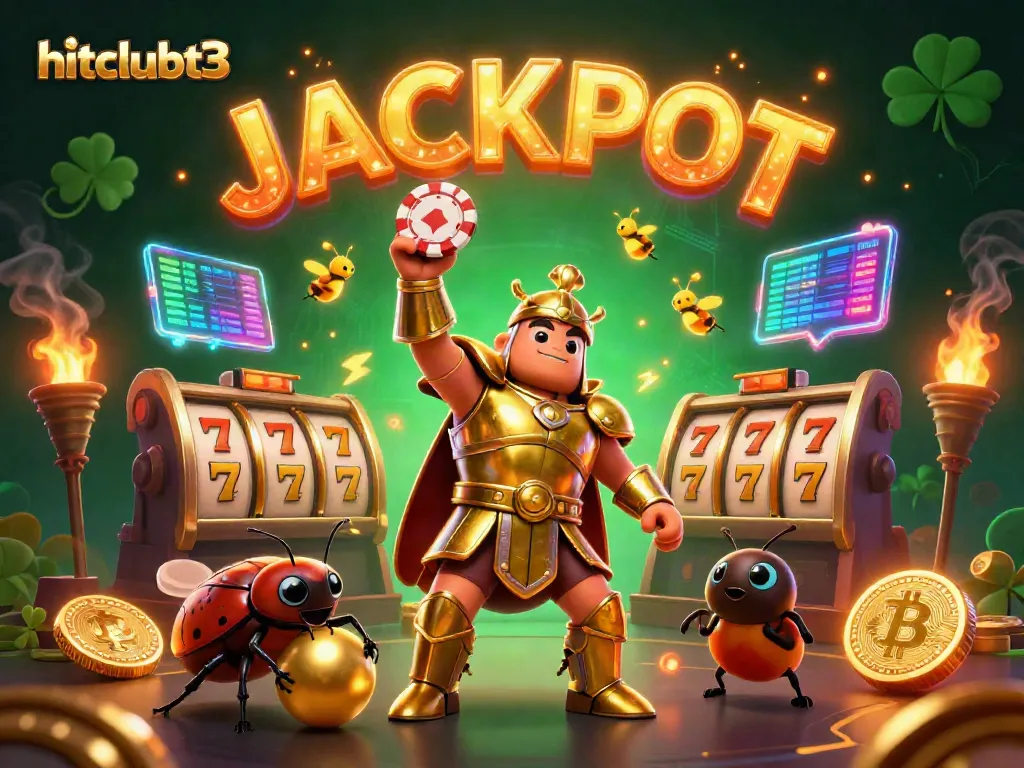 Hitclubt3 showcases a victorious beetle lifting a poker chip amidst vibrant casino elements.