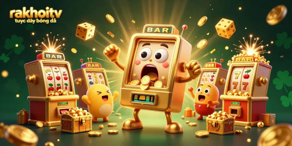 Experience the excitement of rakhoitv trực tiếp bóng đá with dynamic cartoon slot machines celebrating a jackpot win.