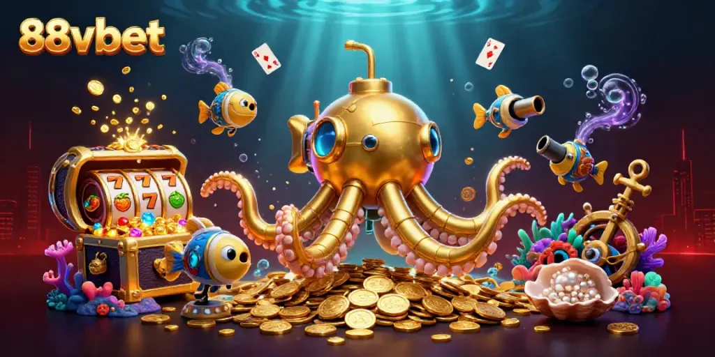 Engage in thrilling gameplay with 88vbet's vibrant 3D scene of a golden kraken emerging from coins.