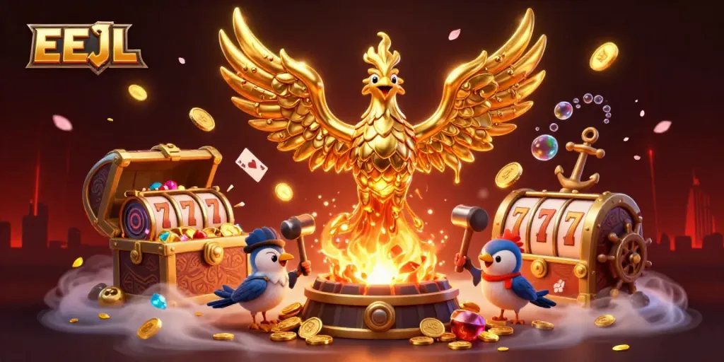 Play thrilling EEJL online slots with captivating golden phoenix and rich treasure scene