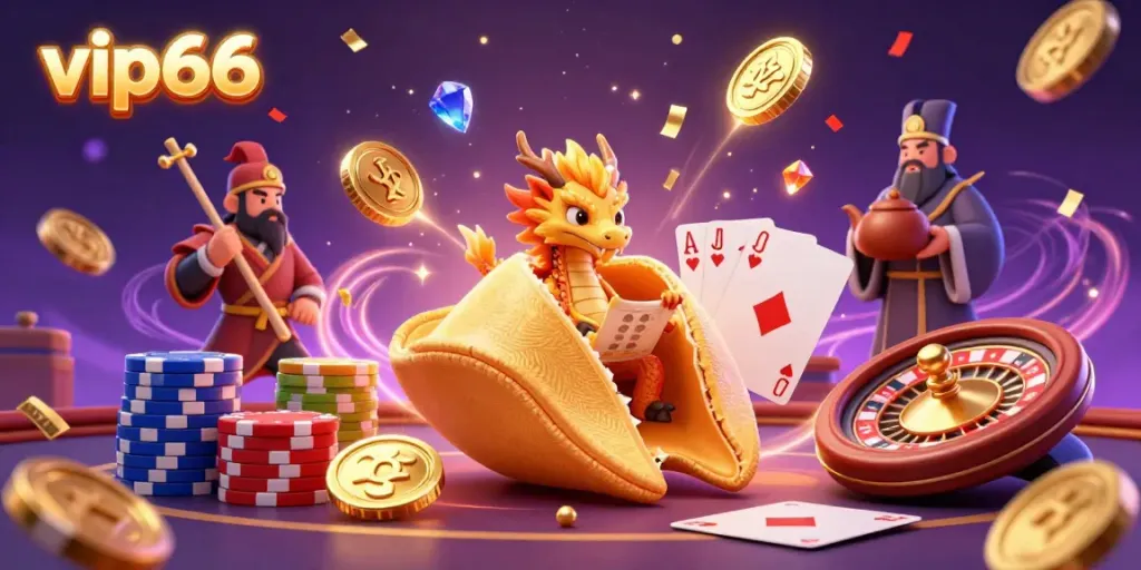 Engage with vip66 in this vibrant casino scene filled with golden fortune cookies and winning cards.