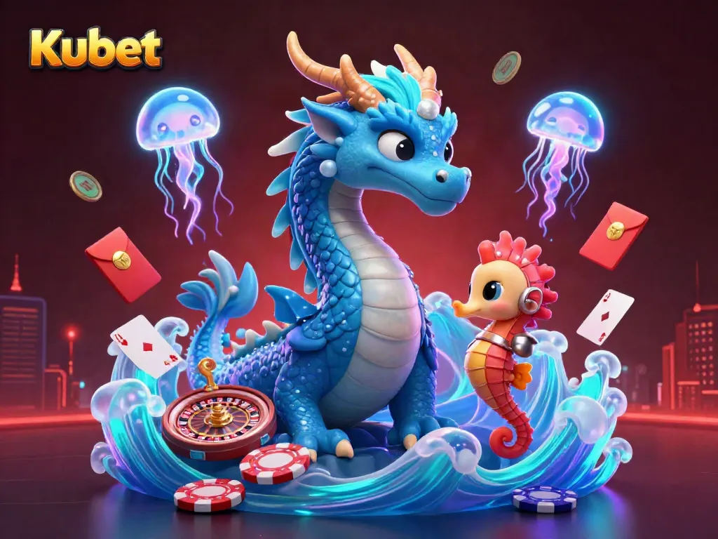 Engage with the thrilling world of Kubet through this 3D digital illustration, showcasing a captivating dragon and casino elements.