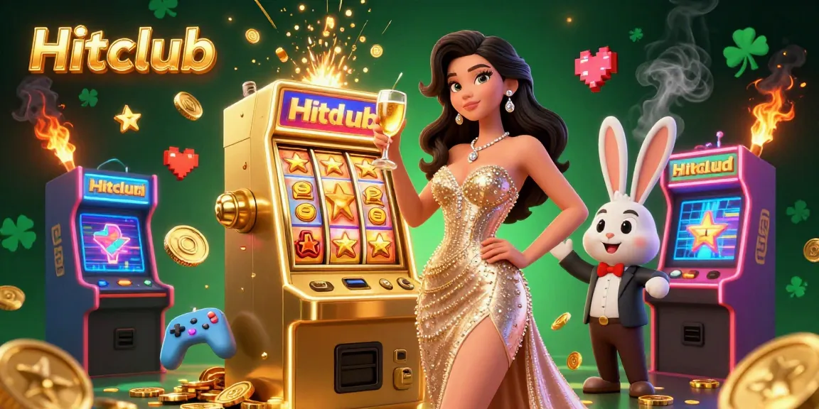 Experience the excitement at Hitclub with a stunning illustration featuring a golden jackpot slot machine and vibrant gaming elements.
