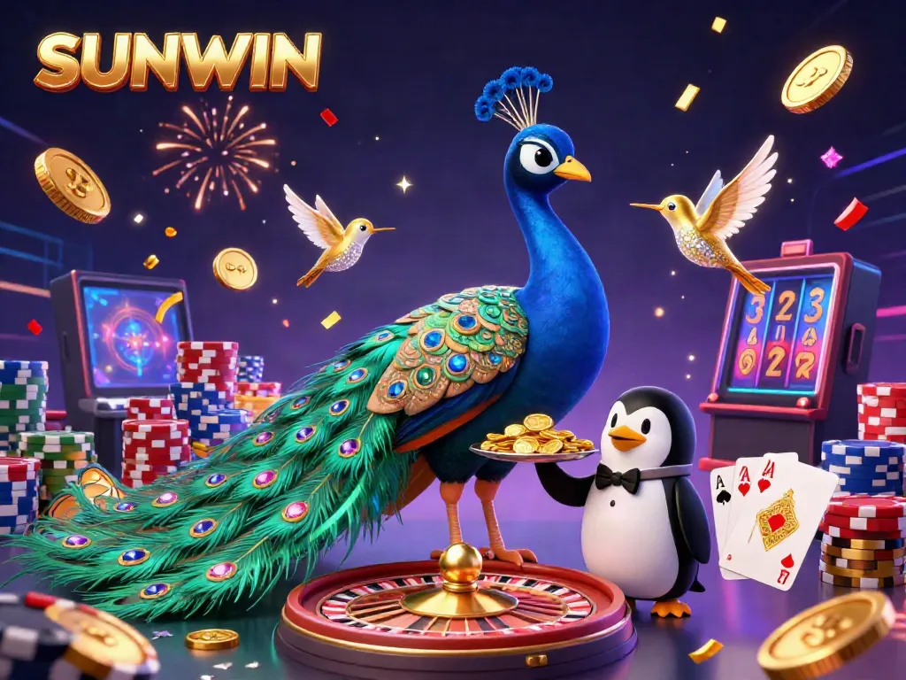 Experience the excitement of SUNWIN with an illustration showcasing captivating casino elements and colorful characters.