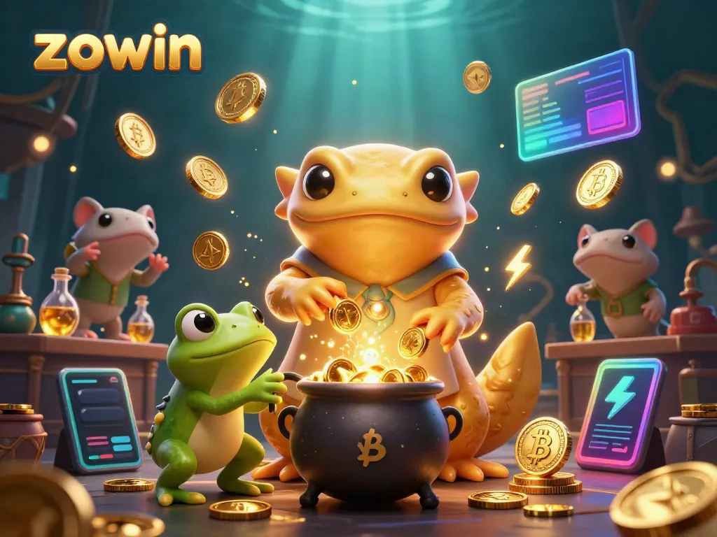 Zowin showcases vibrant gambling adventures with a golden alchemist and frog apprentice in a magical realm.