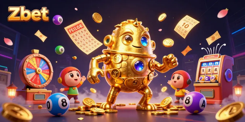 Engage with Zbet's exciting gaming experience featuring dynamic illustrations of casino elements and a golden golem.