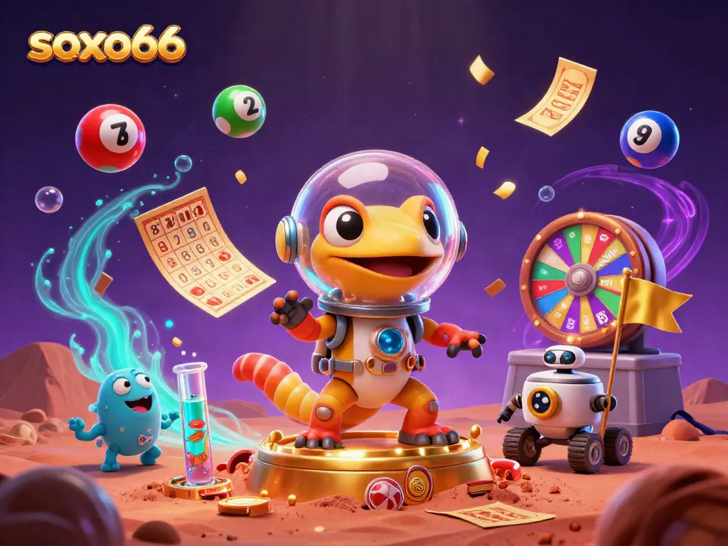 Engage with soxo66 in a vibrant 3D casino scene featuring alien characters and dynamic game elements.
