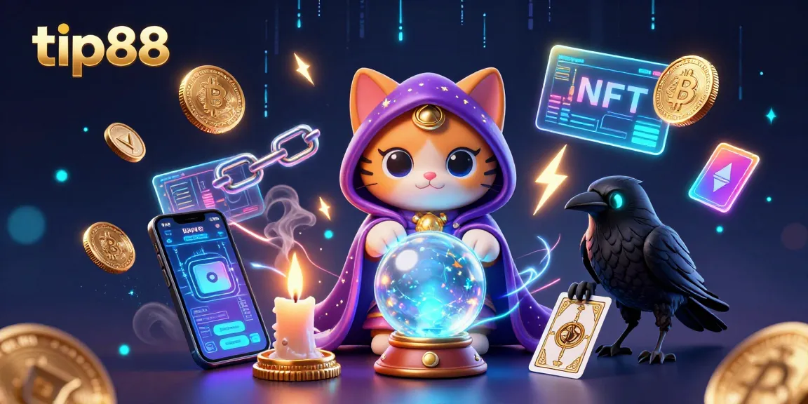 Engage with tip88's dynamic fortune-telling scene featuring mystical characters and vibrant crypto elements.