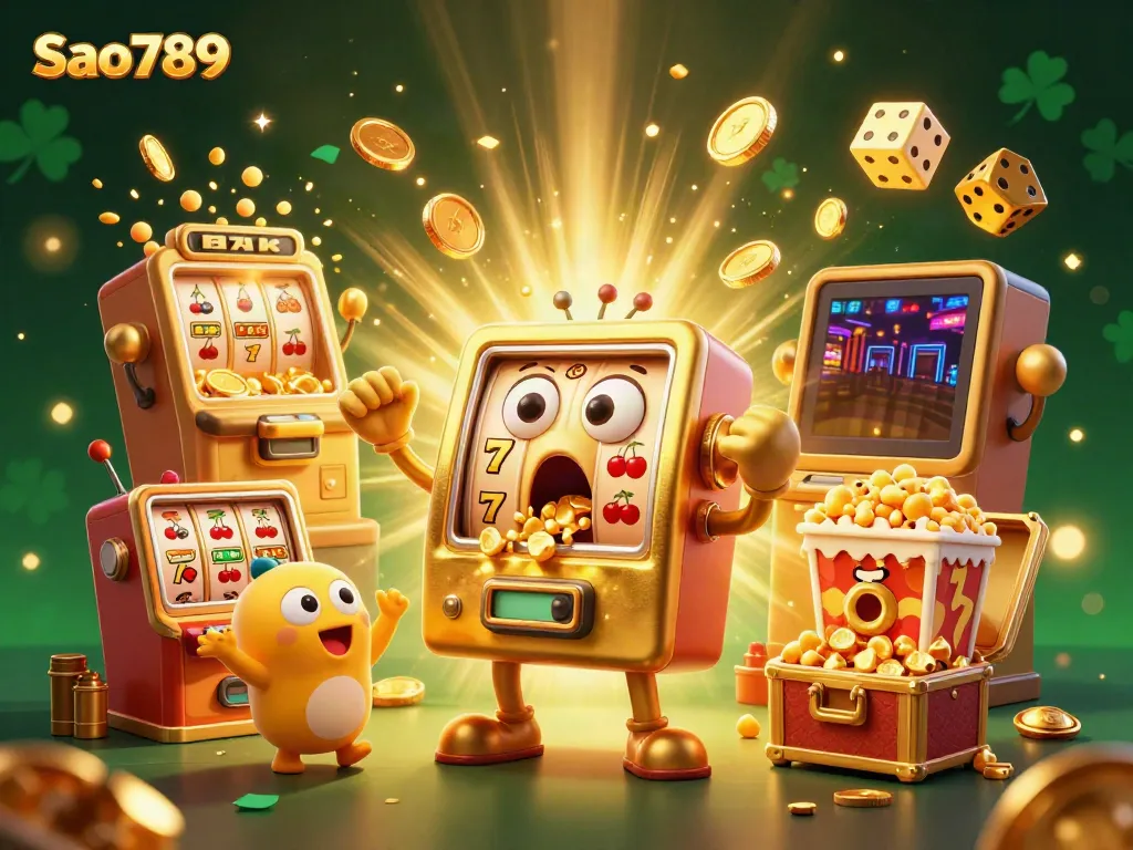 Sao789 showcases a lively jackpot scene with vibrant slot machines and golden coins cascading.