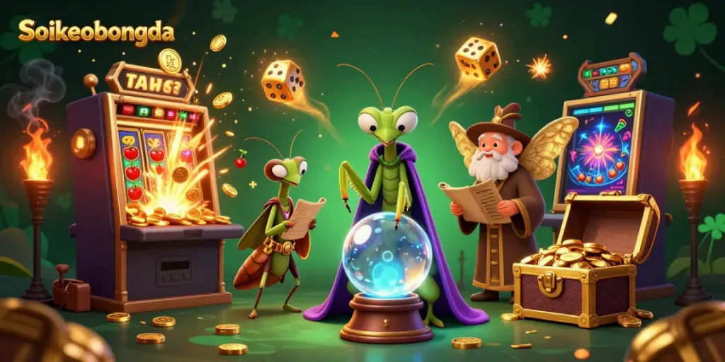 Soikeobongda showcases a 3D cartoon fortune teller and characters immersed in a vibrant casino scene.