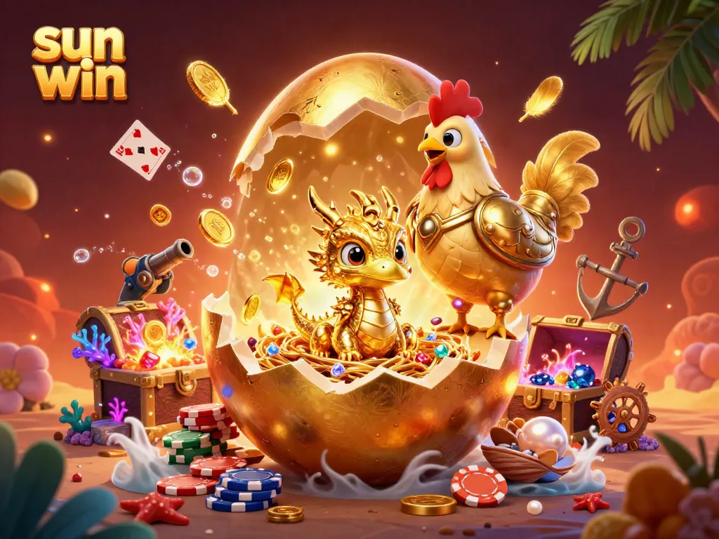 Experience thrills with sun win in this vibrant casino-themed illustration featuring golden characters amidst dazzling treasures.