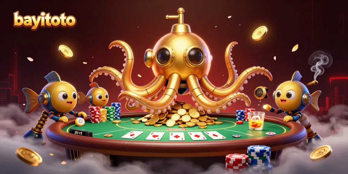 Experience thrilling gameplay at bayitoto with a golden kraken submarine and poker elements.