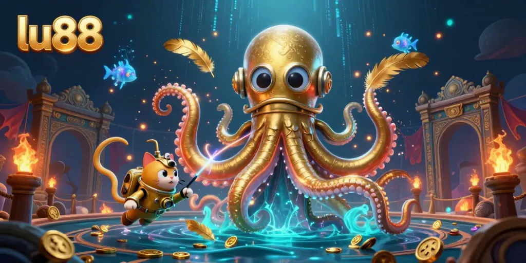 Experience the thrilling scene of lu88 with a colossal kraken, diving cat, and vibrant underwater elements.