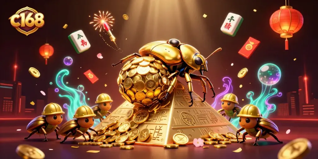 Play exciting casino games with c168 at the heart of this vibrant 3D illustration featuring gold coins.