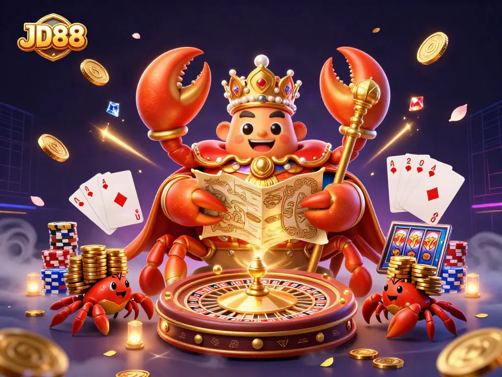 Experience JD88's vibrant casino world with a golden crab emperor and spectacular gaming elements.