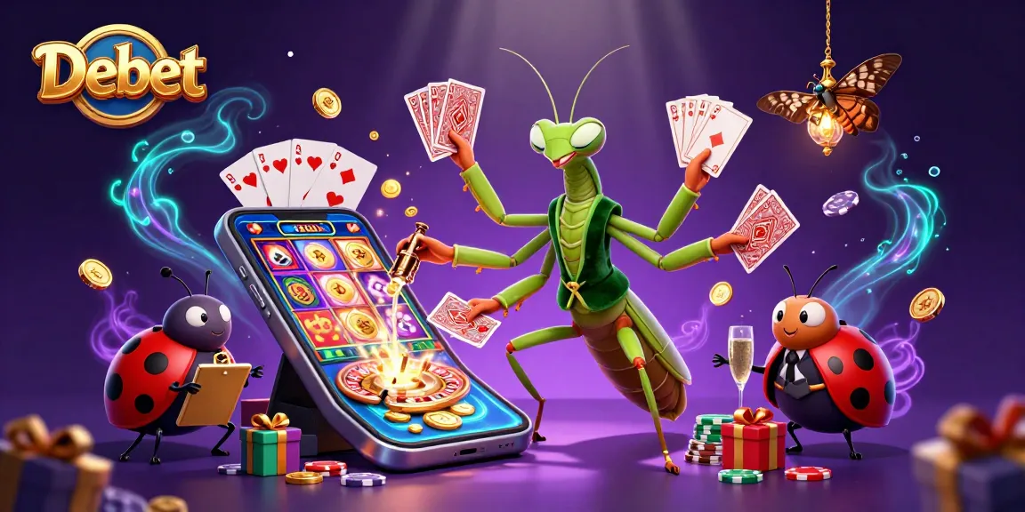 Debet betting scene with a giant praying mantis and ladybug characters amid casino action.