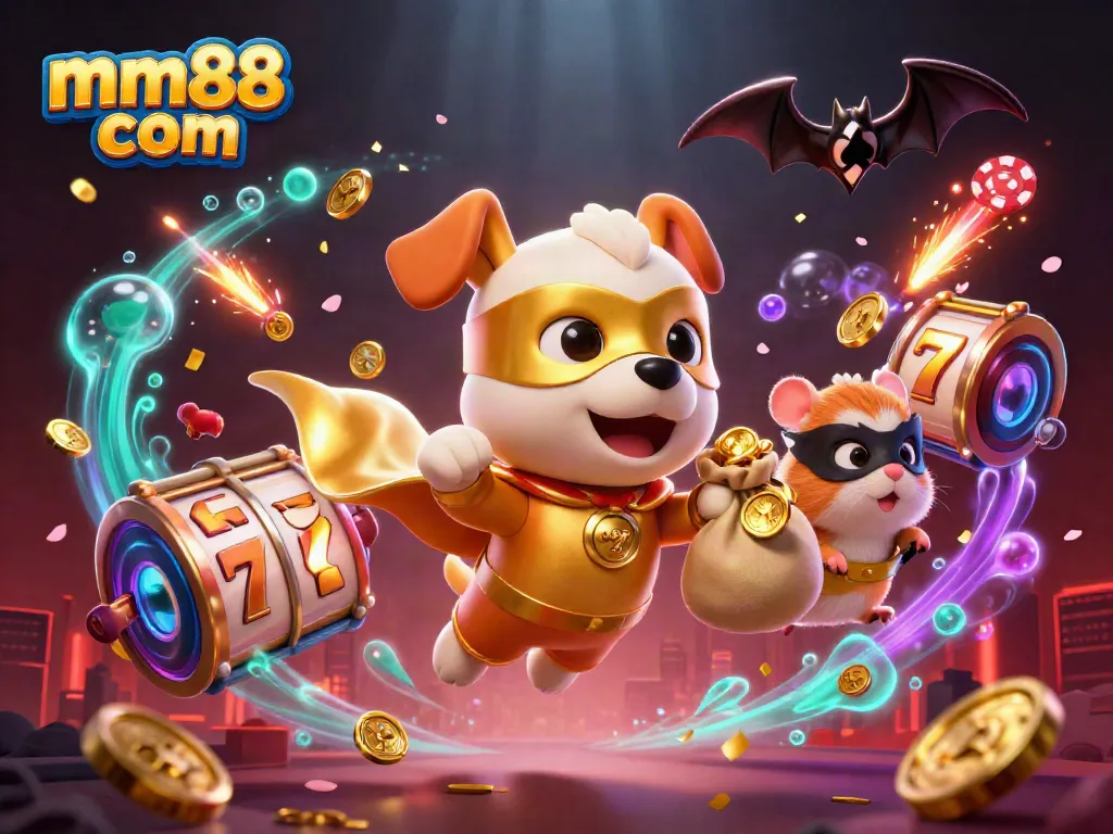 Spin the reels with excitement at mm88 com, featuring a superhero dog amidst vibrant casino elements.