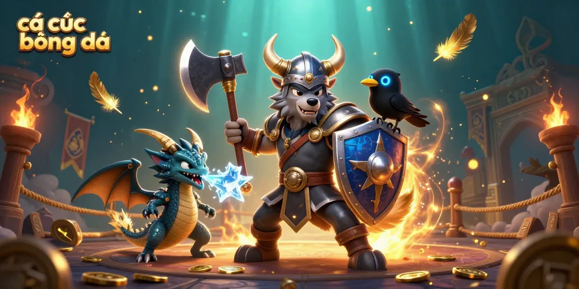 Engage in cá cược bóng đá with dynamic casino elements, featuring a heroic Viking warrior and magical creatures.