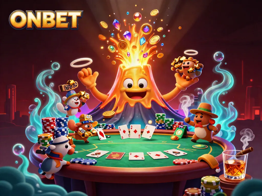 ONBET showcases a thrilling casino scene with a golden volcano erupting treasure.