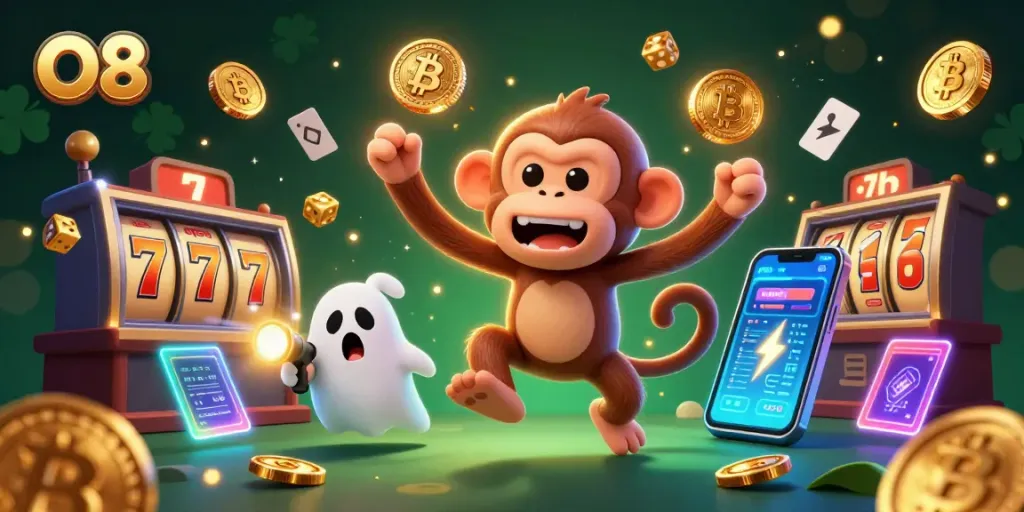 Experience O8's vibrant casino atmosphere with a playful ghost-hunter puppy tracking a mischievous monkey!