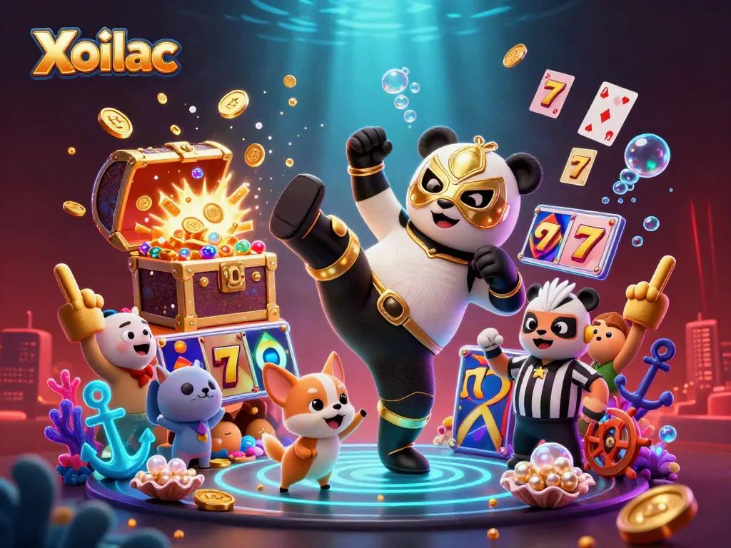 Xoilac brings excitement to online gambling with a 3D scene of a flying panda wrestler and energetic animal spectators.