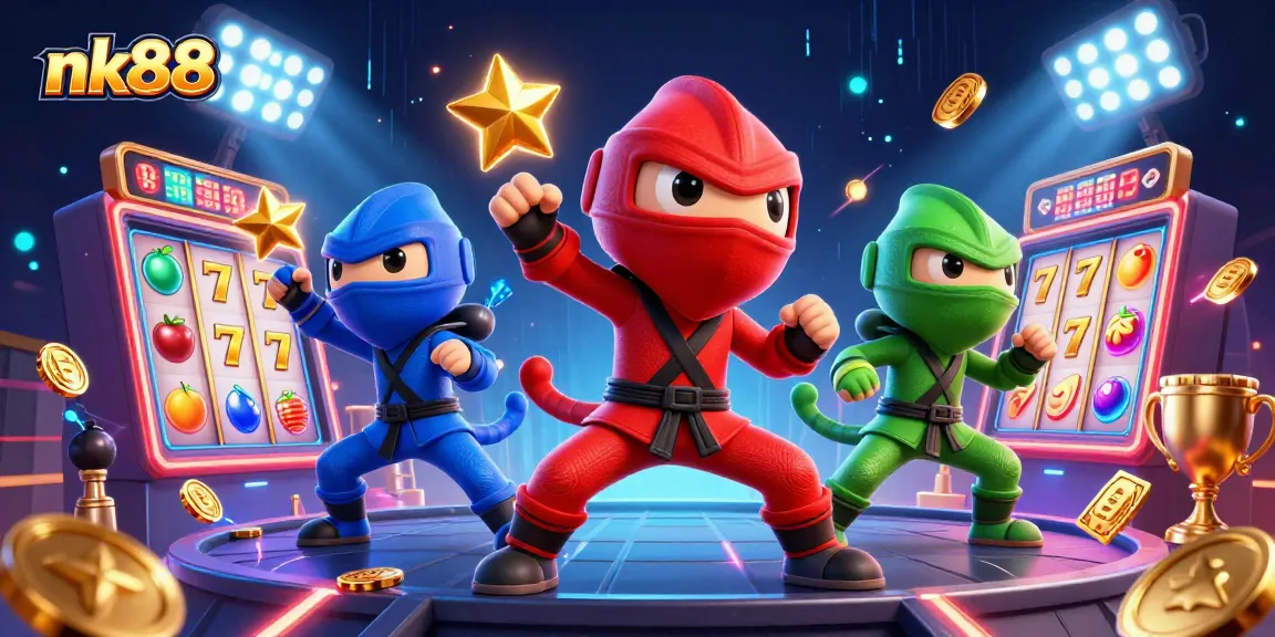 nk88 showcases a vibrant 3D illustration of a ninja chameleon team performing martial arts amidst dynamic slot game elements.