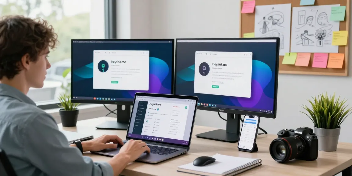 Pengguna GEGESLOT menyesuaikan profil Heylink.me di laptop dengan alat pemasaran digital di sekitarnya.