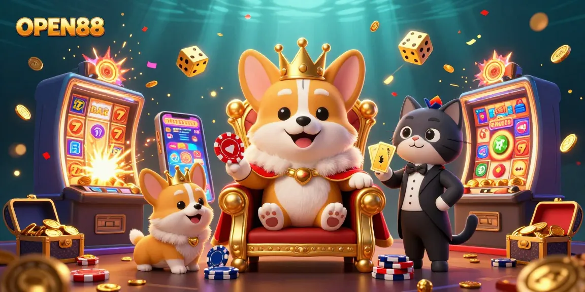 Enhance your OPEN88 gaming experience with a lively 3D illustration of a royal corgi in a casino.