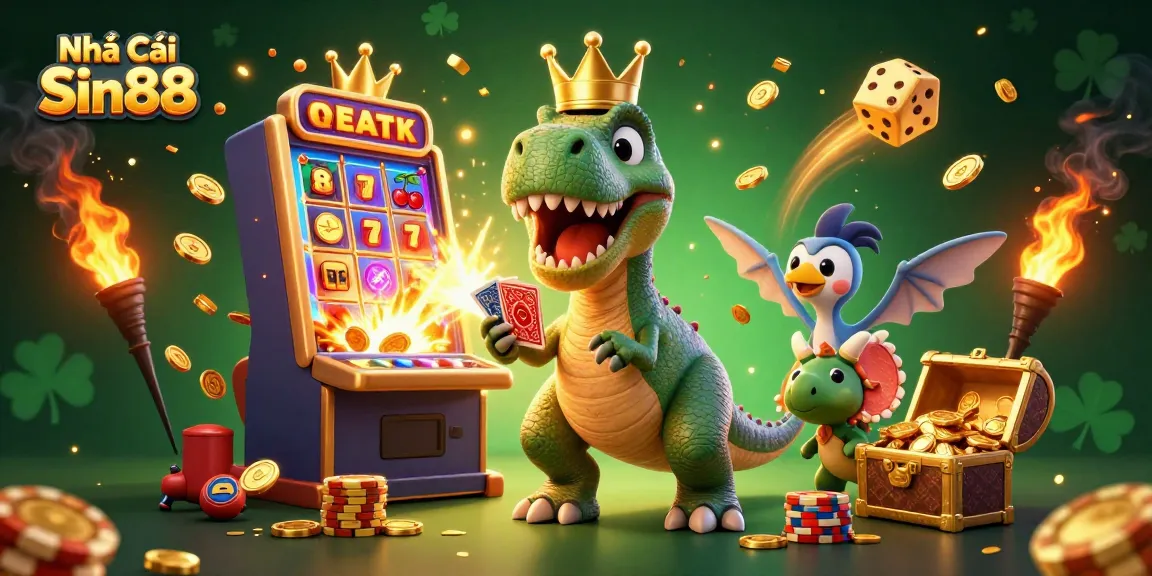 Join the fun with Nhà Cái Sin88 as the T-Rex shuffles cards and wins big at the slot machine.