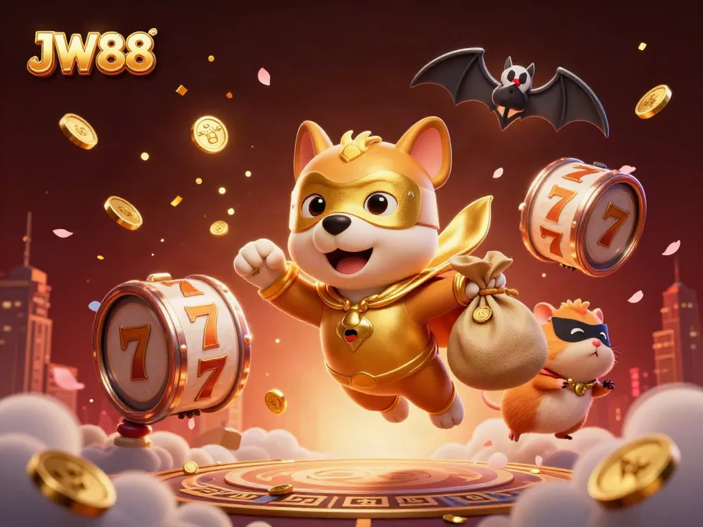 Win big with JW88's lively casino games, featuring a heroic dog and dynamic slot visuals.