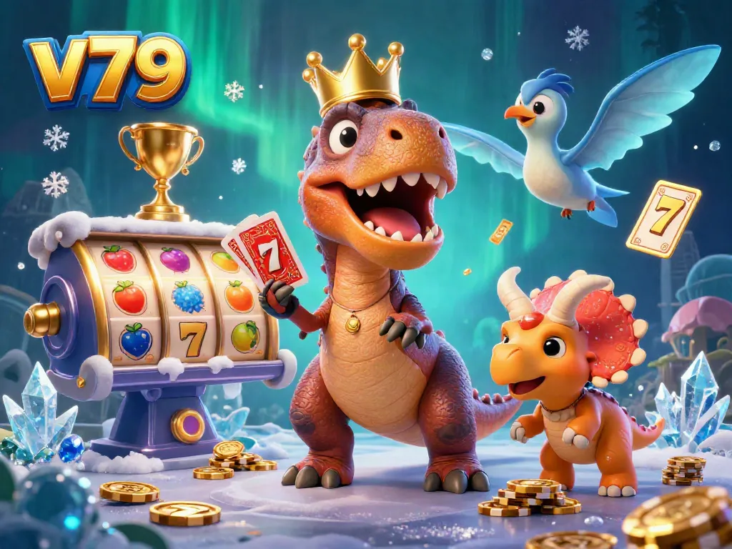 Experience vibrant casino action with v79 through a friendly T-Rex and dino pals in this dynamic gaming scene.