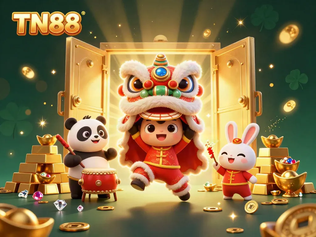 Engage with the vibrant TN88 casino scene featuring a dynamic lion dance and treasure-filled surroundings.