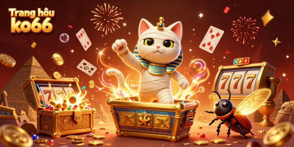 Experience the excitement at Trang chủ ko66 with a dynamic casino scene featuring a mummy cat and treasures.