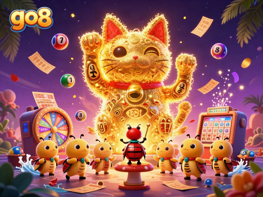 Experience the vibrant energy of go8's casino with golden fireflies, lucky cat, and dynamic gambling elements.