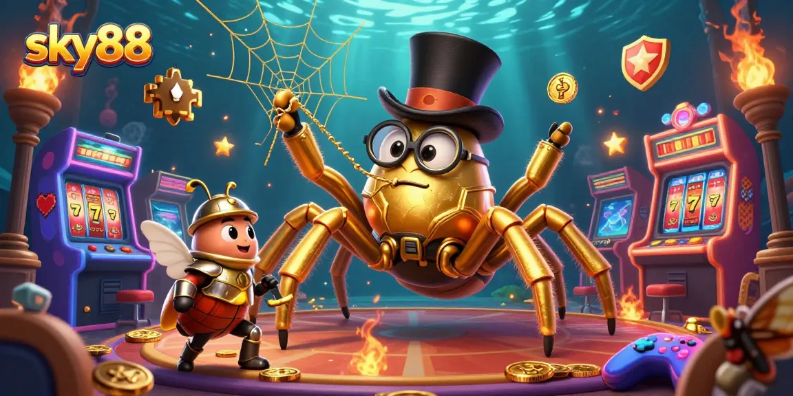 Engage with sky88's vibrant casino scene showcasing a golden tarantula and beetle knight amidst classic slots.