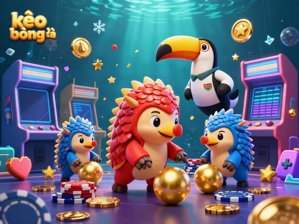 Engage with kèo bóng đá through a vibrant illustration of rival pangolins competing amidst interactive casino game elements.