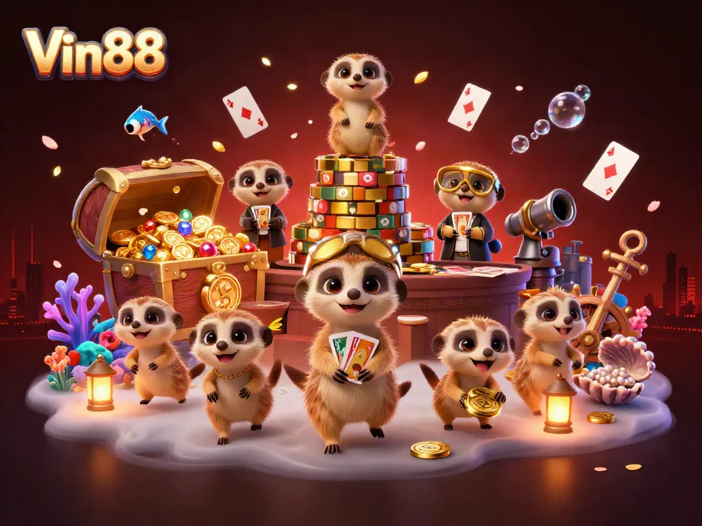 Engage in thrilling games at Vin88, featuring adorable meerkats managing an elaborate casino scene.