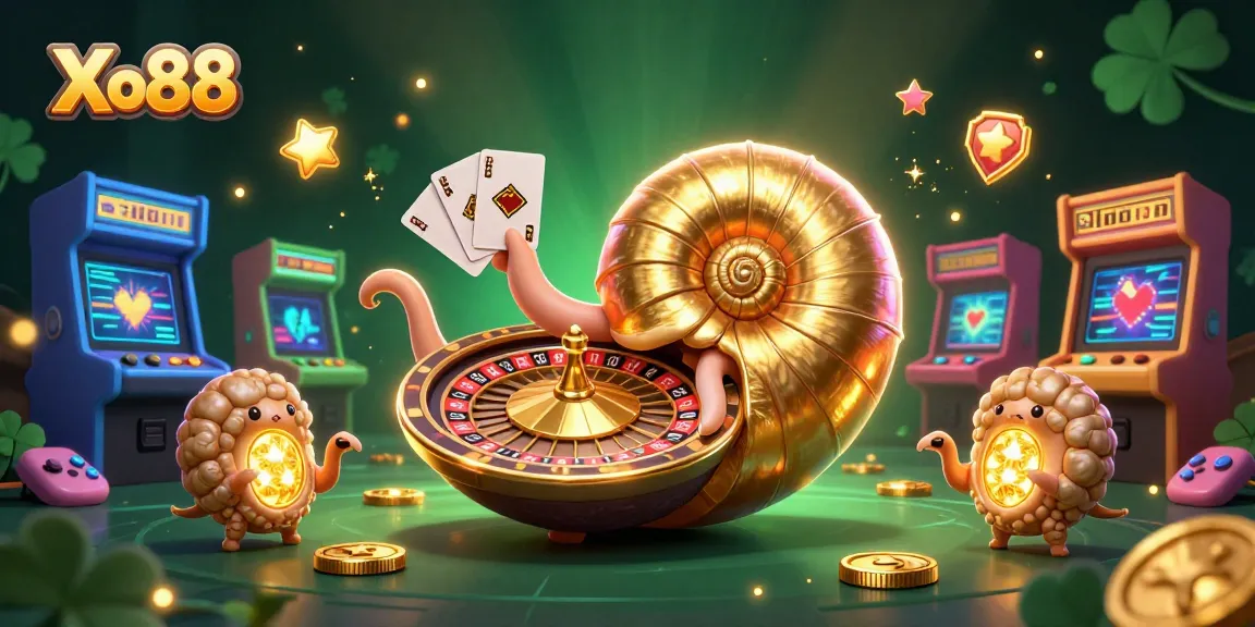 Xo88 spins the excitement with a 3D nautilus roulette wheel amidst vibrant gaming elements.