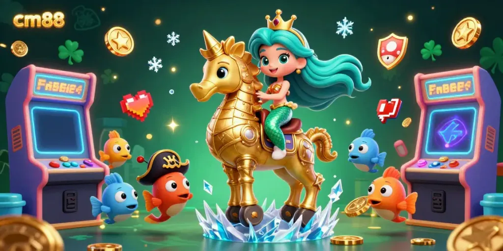 Experience thrilling gameplay with cm88 as the mermaid princess rides a seahorse against a vibrant casino backdrop.