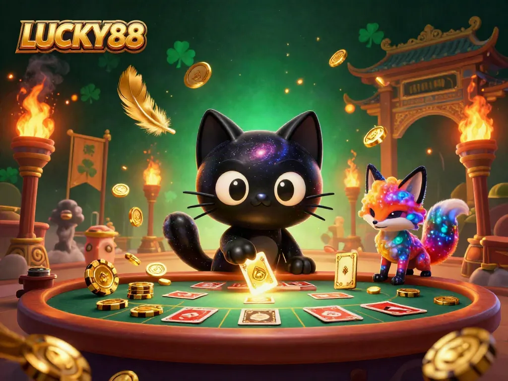 Experience the thrill of LUCKY88 with a black hole cat and nebula fox amid vibrant gaming elements.