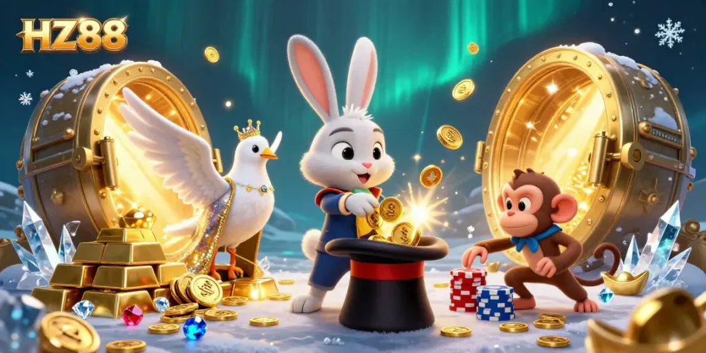 Experience the excitement at HZ88 with a magical scene featuring a playful rabbit and dazzling treasures.