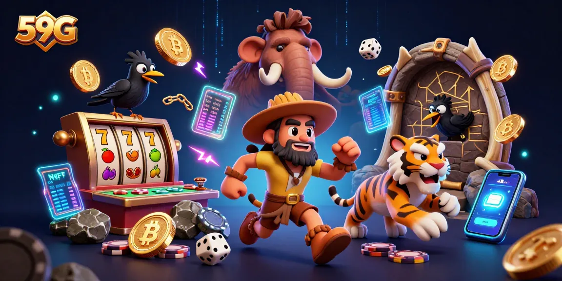 Play engaging slots and gain rewards at 59G with this vibrant casino scene illustration.