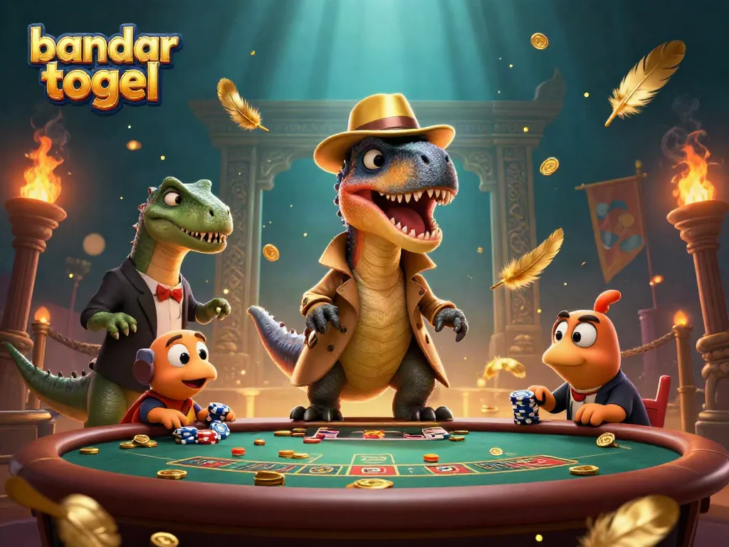 Bandar togel-themed illustration featuring a velociraptor card counter at a casino table.