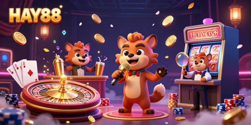 Experience the vibrant comedy casino scene at HAY88 with lively hyenas, golden coins, and a spinning roulette wheel.