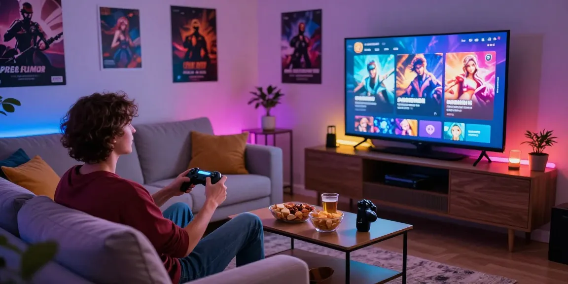 Couple enjoying a free hentai game together in a cozy living room.