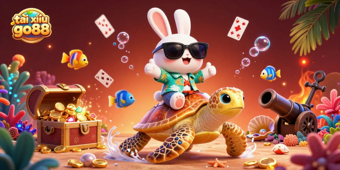 Experience the excitement of tài xỉu go88 with an adorable rabbit and golden turtle in a vibrant underwater casino scene.